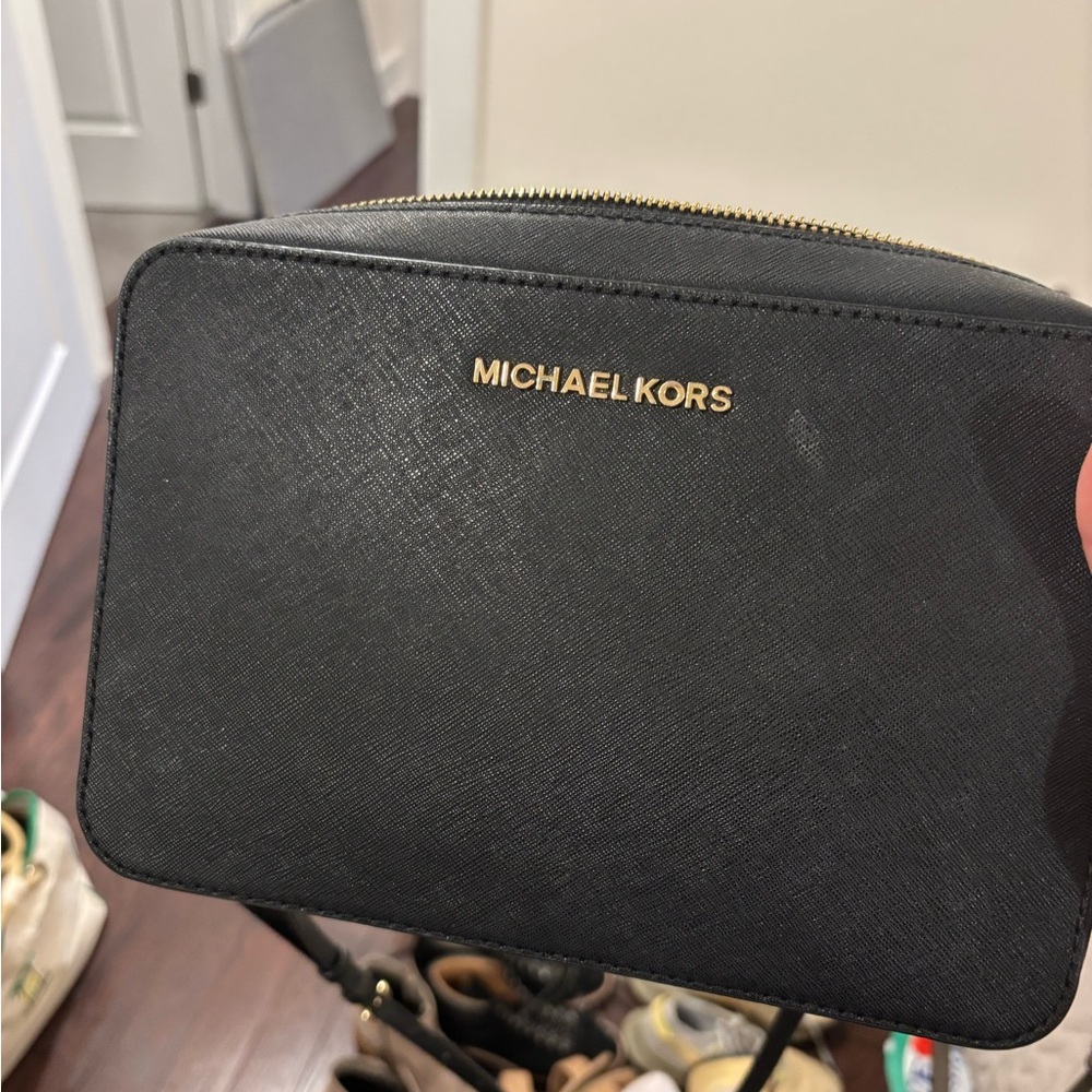 Michael Kors Black Leather Crossbody with Gold Logo